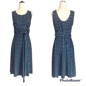 LEOTA Plaid Sleeveless Midi Dress Small Blue Gray Knit Tie‎ Waist Stretch Career